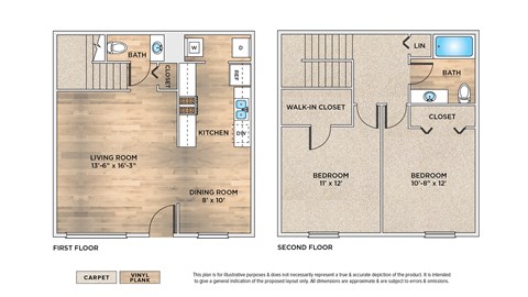 Floor plan for 2 beds, 1.5 baths, 990 sqft